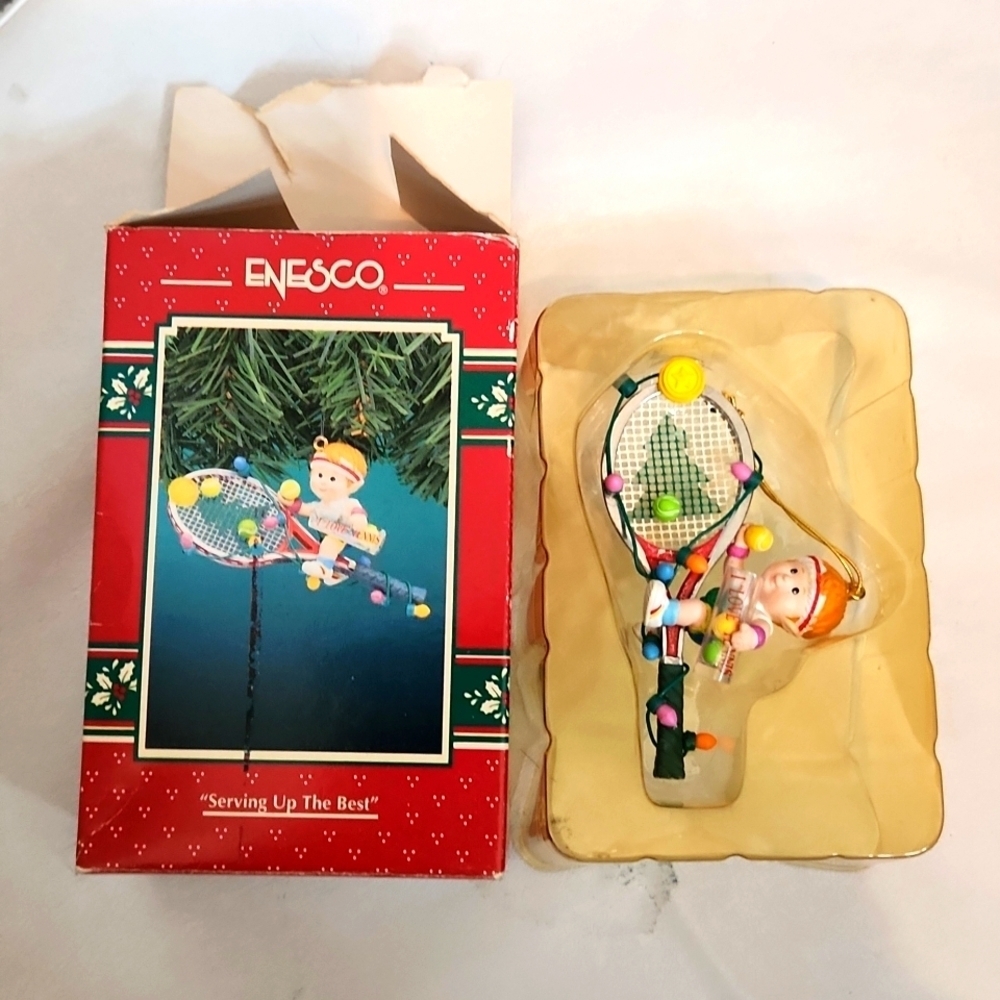 Vintage Enesco Tennis Raquet Boy Ornament